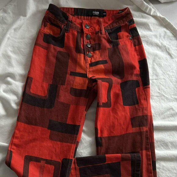 Jaded London Tomato-Red & Black Abstract Print Cotton Boyfriend Jeans – US 0 - Picture 1 of 7